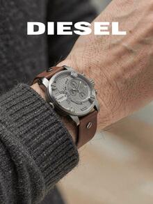 DIESEL DZ7258 Men Oversized Chronograph Watch Multi‑Time‑Zone Textured Dial Silver Metal Shell Stitched Decor Strap 5BAR Retro Gift Watch For Men - Black - View 4