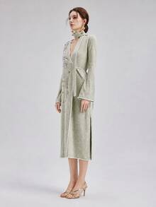 Rich Radi Q's Elegant Women's Pink Mid-Length Dress, V-Neck Design, Embroidery And Belt Details, Slim Hem, Casual Cheongsam Style - Green - View 3