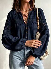 Rusttydustty Women's Standard Size Long Sleeve Blue Lace Blouse, Casual Vacation Bohemian Style, Suitable For Autumn - Navy Blue - View 2
