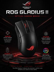 ASUS ROG GLADUIUS II Standard Edition mouse berkabel, 6200 DPI, kecepatan polling 1000Hz, desain ergonomis yang cocok untuk genggaman tangan, cakar, dan jari, desain ringan, cocok untuk PC/Mac. - View 1