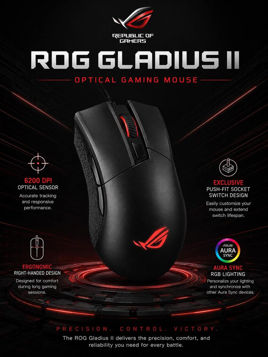 ASUS ROG GLADUIUS II Standard Edition mouse berkabel, 6200 DPI, kecepatan polling 1000Hz, desain ergonomis yang cocok untuk genggaman tangan, cakar, dan jari, desain ringan, cocok untuk PC/Mac. - View 1