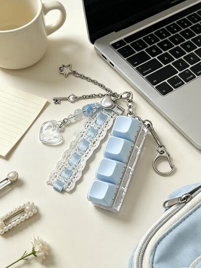 Cute 4-Button Stress Relief Keychain, Lace Ribbon Beaded Heart Pendant Bag Charm, Creative Keyboard Pendant Decoration, Japanese Style Cute Backpack Accessory Gift
