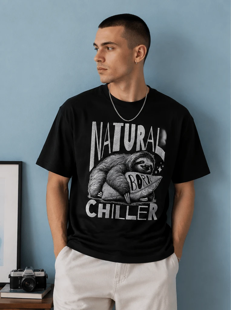 Herren Vintage Grafik-T-Shirt, Retro-Print Streetwear-Tee, Lagerbestand im örtlichen Lager, 230 g/m², 100 % Baumwolle, Sloth Natural Born Chiller, Bestseller, lustiges Geschenk, schwarzes T-Shirt B179 - Schwarz - Übersicht 1