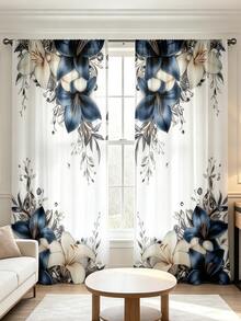 2pcs Luxury Lily Flower Curtains, Blue & White Lily Floral Print, High-Quality Room Decor Curtains Suitable For Wedding Decoration, Rod Pocket Design, Privacy Protection, Suitable For All Seasons, Multi-Functional Decorative Curtains - Multicolor - View 1