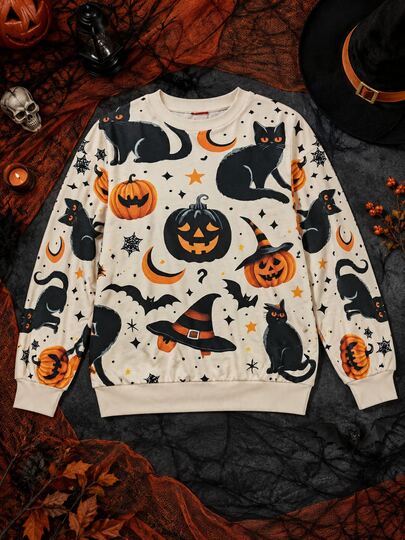Women's Halloween Pumpkin & Black Cat Print Crew Neck Long Sleeve Sweatshirt, Loose Casual Top For Autumn/Winter