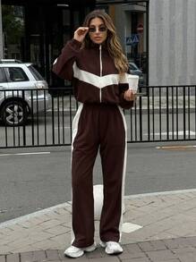 Women's Sports Set V-Neck Patchwork Stand Collar Zip-Up Jacket And Side Stripe Sweatpants 2-Piece Fitness Outfit - Coffee Brown - View 4
