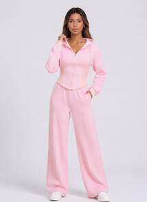 Never me Women's Autumn/Winter Fleece Hooded Jacket And Loose Wide Leg Pants Set, Casual Sports 2 Pieces Set, Comfortable And Stretchy - Pink - View 4