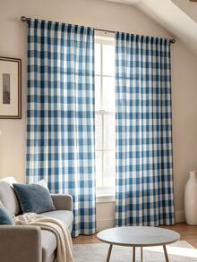 2PCS Simple Checkered Curtains, Blue And White Checkered Patterns, Pole Pocket Filter Window Transparent Curtains, Suitable For Bedroom, Living Room, Farmhouse Home Decoration - Multicolor - View 1