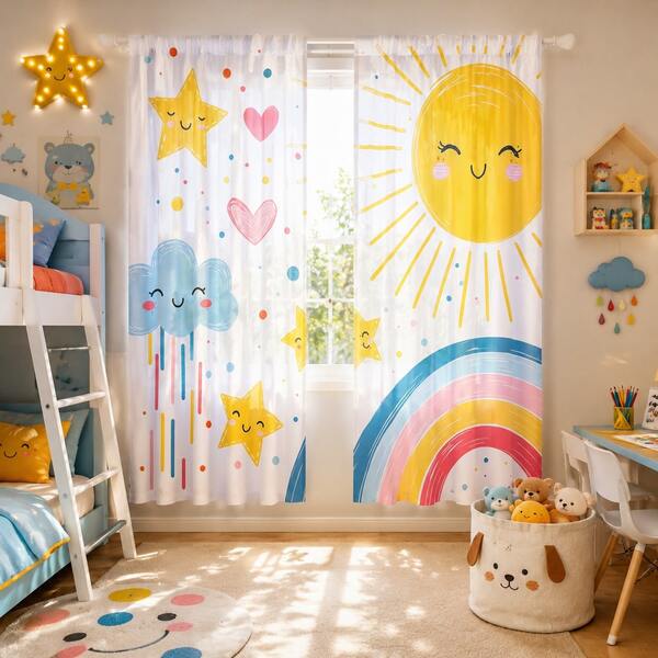 2 buc. perdele pentru copii cu model soare în stil doodle, semi-opace pentru dormitor, din fibră poliesterică 90GSM, semi-transparente, pentru protecție a intimității, stil desen animat, pentru living, bucătărie, casă, cameră și alte compartimentări sau decor, cu urele pentru tijă, ușor de instalat, se usucă rapid, rezistente la apă, nu se decolorează, ușoare, detașabile și lavabile