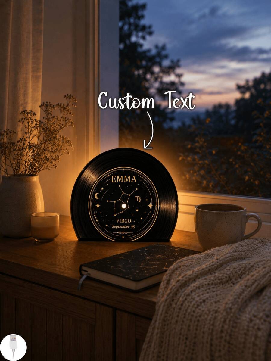 Personalized Zodiac Vinyl Record Night Light, Custom Name Star Sign LED Lamp, Virgo Constellation Birthday Decor, Custom Date Astrology Gift, Warm Backlit Bedroom Table Light, Unique Celestial Keepsake For Her, Friends And Family - Multicolor 5 - View 1