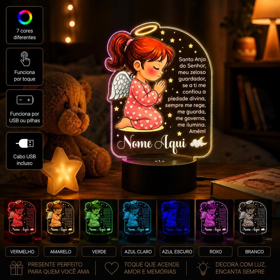 Luminária LED UV Oração Santo Anjo MENINA - Base Preta (Acende 7 Cores ...