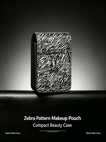Yves Saint Laurent YSL Saint Laurent Zebra Print Flap Mirror Makeup Pouch Lipstick PU Leather Portable Touch-Up Storage Bag
