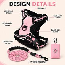 BVEOYPET 3pcs Adjustable Pink Or Black Dog Harness & Rope Dog Leash Set With Bag Pouch, Front & Back D-Rings & Top Handle, Puppy Essentials, Dog Accessories And Dog Stuff For Daily Walking, Medium & Large Dogs, S-XL - Multicolor - View 4