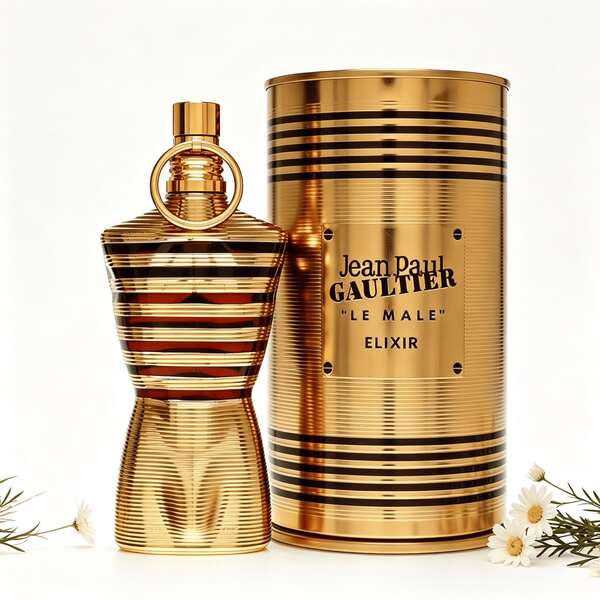 KAYALI Jean Paul Gaultier Le Male Elixir Eau De Parfum For Men Iconic Torso Shaped Bottle Gold & Black Striped Design Luxury Golden Cylindrical Tin Can Warm Rich Woody Spicy Scent Long Lasting Unisex Perfume For Men Women