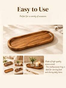1pc Acacia Wood Serving Tray, Multipurpose Solid Wooden Tray With Handles, Decorative Platter For Food, Snacks, Coffee, Breakfast, Ottoman, Coffee Table, Housewarming Gift - View 6