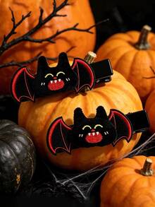2pcs Cute Plush Bat Hair Clips - Halloween Embroidered Side Clips, Cartoon Duckbill Bangs Clips For Girls - Black - View 3