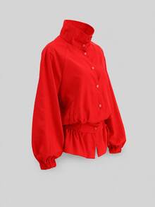 Women's Red Polyester Stand Collar Long Sleeve Jacket With Ruffle And Pocket Details, Non-Stretch Regular Fit - Red - View 8