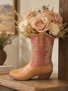1pc Cowboy Boot Vase, Western Cowgirl Boot Flower Holder, Vintage Rustic Farmhouse Decorative Vase, Country Home Tabletop Centerpiece, Bedroom Living Room Shelf Decor Gift - Double-layer Shoe Vase - View 1