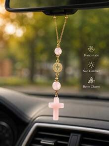 Crystal Cross Car Rearview Mirror Hanging Ornament, Bohemian Handmade Sun Catcher With Gold Chain And Natural Stone Beads, Elegant Spiritual Protection Amulet, Suitable For Various Car Interior Decor - Multicolor - View 5
