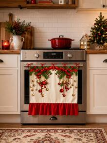 Christmas Themed Oven Door Cover, Dishwasher Panel Decorative Curtain, Polyester Material, Red Ribbon Bow & Pine Cone Print Design, With Ruffle Edge And Bowknot, Christmas Holiday Kitchen Decoration Towel, Suitable For Stove Front Winter Home Decor, Farmhouse Style Christmas Kitchen Party Supplies, Also Suitable For Dishwasher, Oven, Sink, Entryway Shoe Rack - Creamy White - View 5