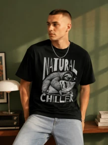 Herren Vintage Grafik-T-Shirt, Retro-Print Streetwear-Tee, Lagerbestand im örtlichen Lager, 230 g/m², 100 % Baumwolle, Sloth Natural Born Chiller, Bestseller, lustiges Geschenk, schwarzes T-Shirt B179 - Schwarz - Übersicht 3