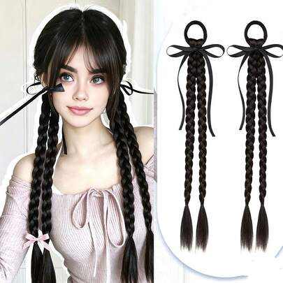 Pair Of Women's Bow Braided Hair Extensions Bun Hair Scrunchie Fishbone Braid Hair Accessories