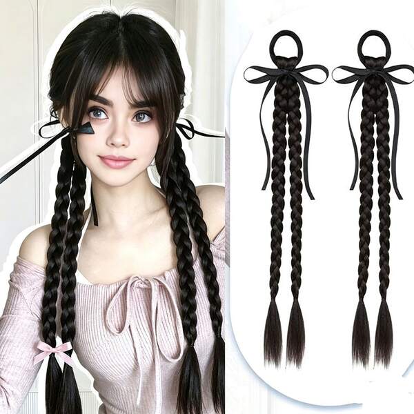 Pair Of Women's Bow Braided Hair Extensions Bun Hair Scrunchie Fishbone Braid Hair Accessories