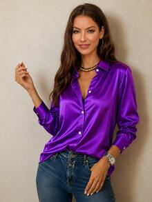 Women's Solid Color Satin Lapel Button Long Sleeve Blouse, Elegant Loose Casual Commute Top - Violet Purple - View 3