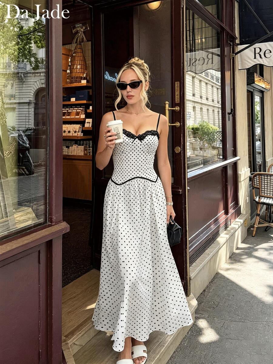 Women Summer Autumn Elegant Casual Polka Dot Lace Trim Vintage Corset Cami Maxi Dress Adjustable Straps Brunch Party Cocktail Carnival Holiday Outfit - White - View 1