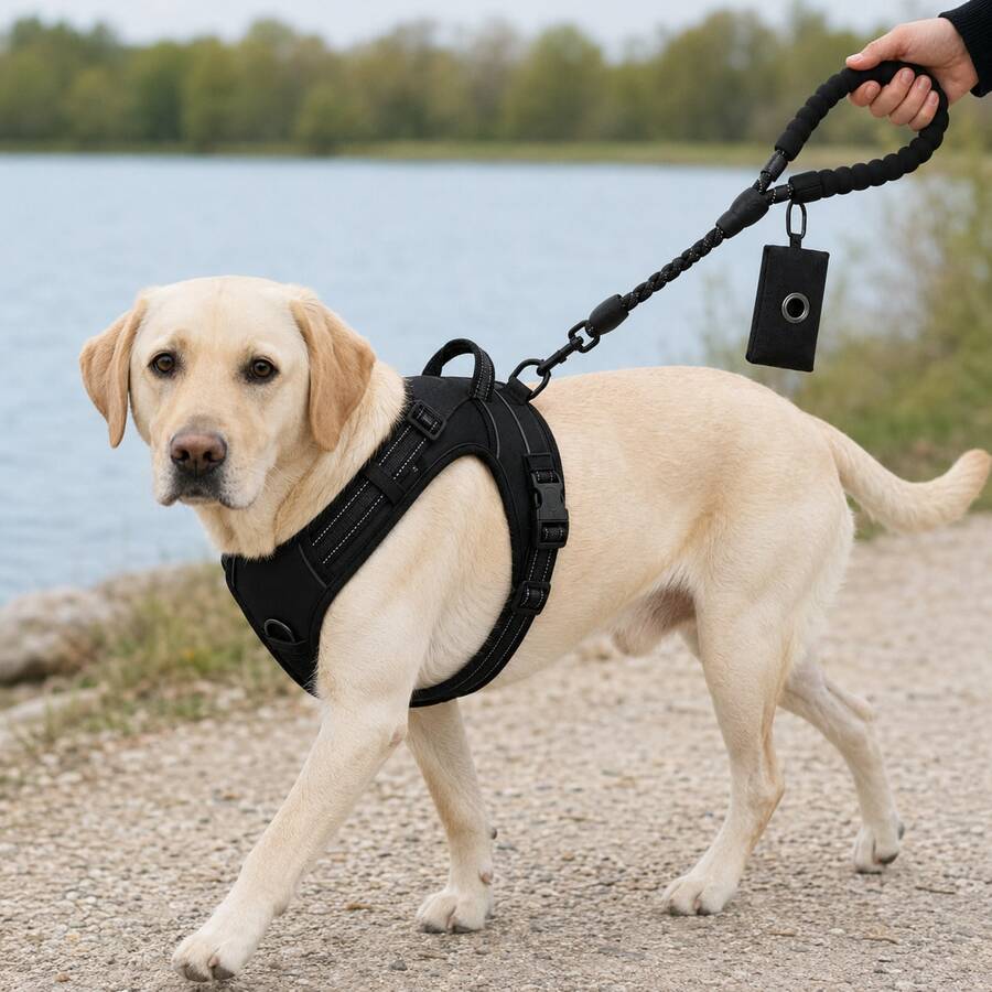 BVEOYPET 3pcs Adjustable Pink Or Black Dog Harness & Rope Dog Leash Set With Bag Pouch, Front & Back D-Rings & Top Handle, Puppy Essentials, Dog Accessories And Dog Stuff For Daily Walking, Medium & Large Dogs, S-XL - Multicolor - View 1