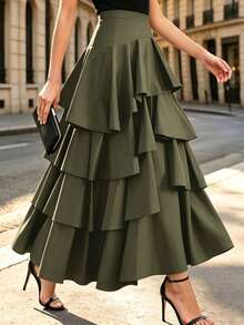Elio Closet Women's Summer Solid Color Asymmetrical Hem Layered Ruffle High Waist Flare Skirt, Minimalist Fashion Elegant Versatile Skirt, Suitable For Evening Party, Cocktail Party, Wedding Guest, Valentine's Day, New Year - Army Green - View 2
