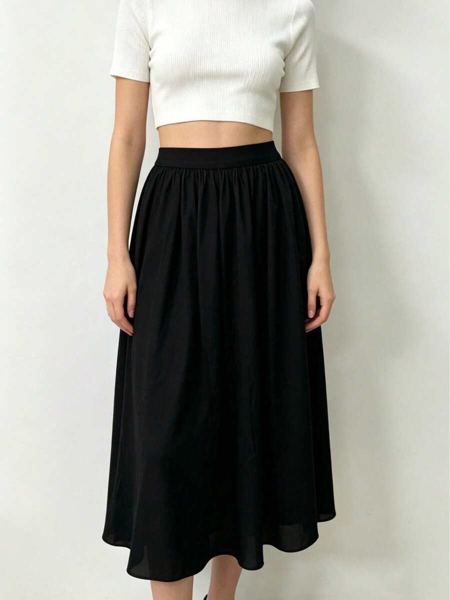 Women's Summer White Casual High Waist Elastic Waist Flowy Long Skirt, Elegant Style Suitable For Daily Commute, Office Wear And Vacation - Black - View 1
