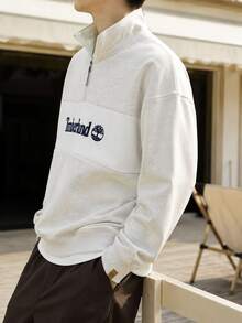 Timberland Men's Half-Zip Sweatshirt MEDIUM GREY HEA, FQ Stand Collar Half-Zip Color-Block Sports Outdoor Pullover A6J2F052 - White Gray - View 2