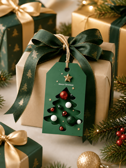 50pcs-Merry Christmas Paper Hanging Tags With Jute Rope, Christmas Gift Bag Labels For Holiday Packaging, Paper Gift Tags, Green Christmas Tree Labels, Candy Bag Labels, Christmas Party Decoration