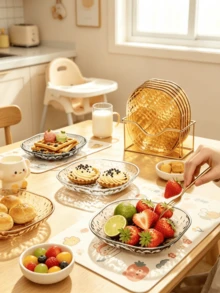 6pcs Stackable Gold Snack Tray Set With Gold Metal Storage Rack, Home Decor Kitchen Essential, Dessert Fruit Candy Tray, Suitable For Wedding, Birthday, Party, Home Afternoon Tea, Christmas, Halloween Decoration And Camping Snack Storage, Tableware Set, Thanksgiving, New Year Gift. Style And Color Randomly Shipped - Transparent Lace Plate 15cm - View 9
