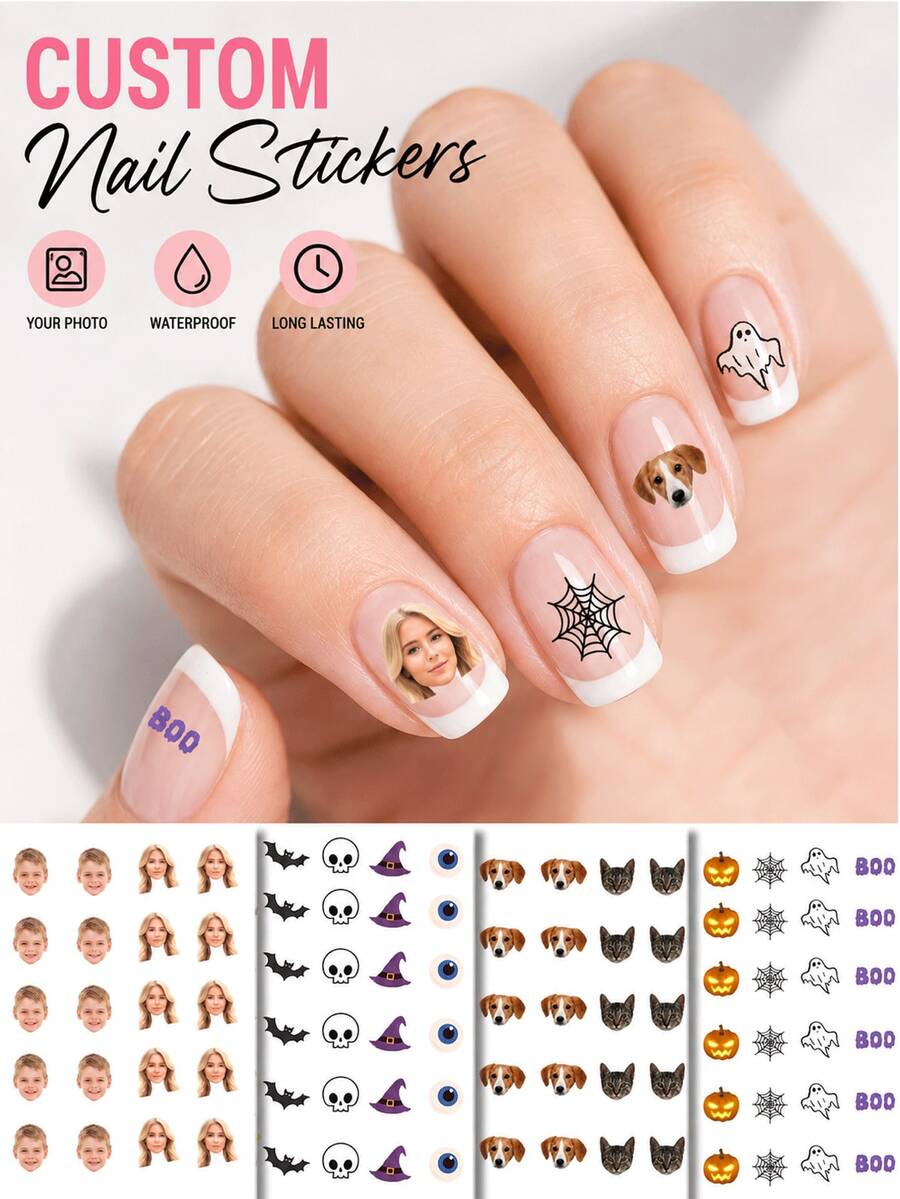 Custom Photo Nail Stickers, Personalized Face And Pet Nail Decals, Halloween Ghost Pumpkin Spider Web Patterns, Waterproof Self-Adhesive DIY Nail Stickers, Halloween-Themed Decorations, Suitable For Women And Girls' Halloween Parties - Multicolor - View 1