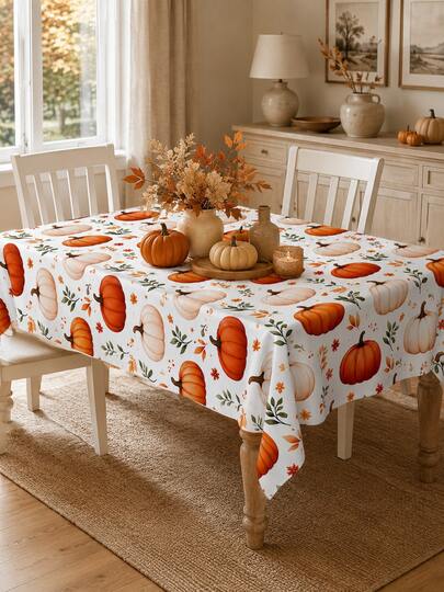 1pc Pumpkin Print Round Tablecloth, Fall Harvest Polyester Table Cover With Autumn Leaves Pumpkin Pattern, Waterproof Washable Dining Table Decor For Kitchen, Thanksgiving Home Decor, Fall Decor, Room Decor, Seasonal Party Supplies