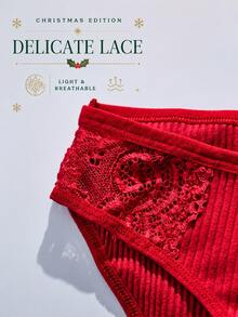 APRSEA 1PC Women's Christmas Print Ribbed Lace Trim Brief Panties, Random Style - Red - View 4