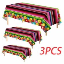 3PCS Colorful Rich Striped Floral Tablecloth, Disposable Rectangular Tablecloth 54*108inch, May 5th Festival Birthday Party Dessert Table Decoration Carnival Universal Tablecloth, No Storage Needed - 137*274 Tablecloth - View 1