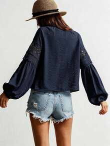 Rusttydustty Women's Standard Size Long Sleeve Blue Lace Blouse, Casual Vacation Bohemian Style, Suitable For Autumn - Navy Blue - View 3