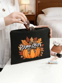 Fall Pumpkin Maple Leaf Print Cosmetic Bag, Zipper Makeup Pouch, Portable Toiletry Storage Bag, Autumn Thanksgiving Holiday Gift For Women, Travel Daily Use - Multicolor - View 3