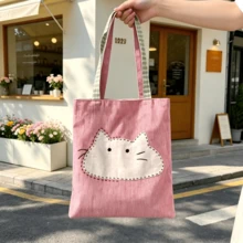 1pc Soft Cute Cat Applique Tote Bag, Fresh Pink Tone With Plaid Strap, Hand-Stitched Cute Cartoon Pattern. Large Capacity Interior Can Store Books And Personal Items, Durable And Wear-Resistant Fabric. Simple Open Design For Easy Access, Suitable For Commuting, School, Shopping And Travel. Lightweight And Portable, Healing And Charming Design, Both A Practical Daily Item And A Thoughtful Gift For Friends, Balancing Aesthetics And Functionality - Multicolor - View 3