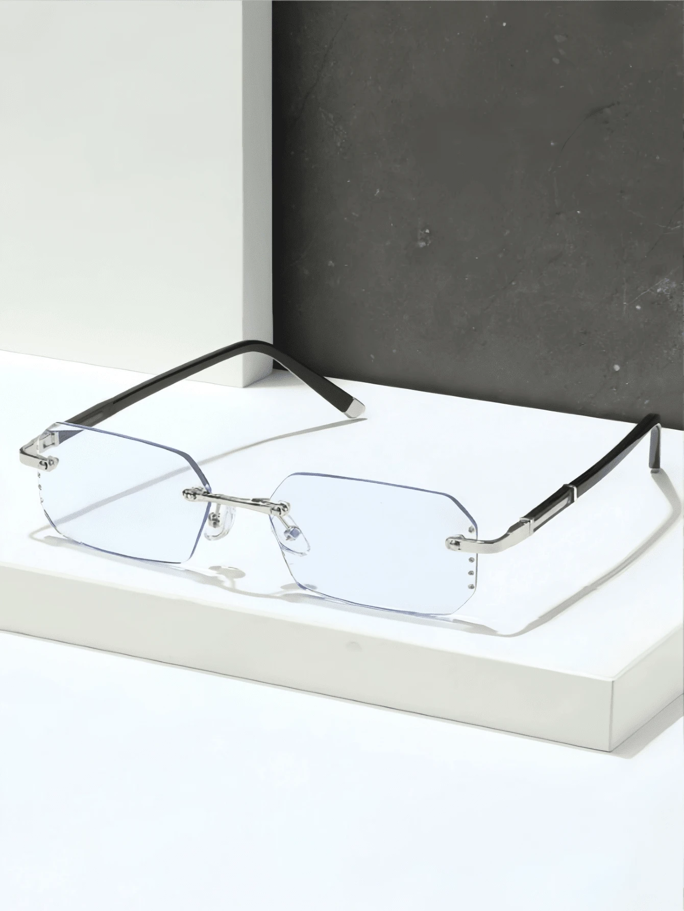 1pc Metal Silver Rimless Square Decorative Men's Glasses - Silver - View 1