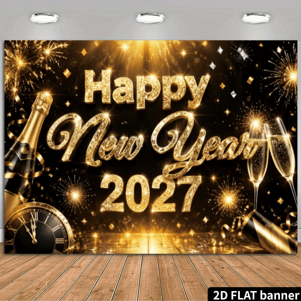 2D Flat 2027 New Year Theme Banner Background, Black & Gold Color Scheme With Shiny Gold Texture "Happy New Year 2027" Text, Featuring Champagne Bottle, Champagne Glasses, Vintage Clock, Fireworks Elements, Made Of Durable Polyester Material, No Power Required, Suitable For Indoor/Outdoor New Year Celebrations, Can Be Used As Wall Decor, Photo Backdrop, Applicable For Home Gatherings, Office Annual Meetings, Outdoor Parties, Studio Decor, Holiday Gift Giving, Lightweight And Easy To Hang