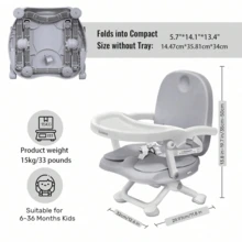 UBRAVOO Grey Portable Baby Booster Seat With Tray, Foldable Travel High Chair For Toddler Infant, Height Adjustable Hook On Feeding Chair, Grey/Pattern - Multicolor - View 5