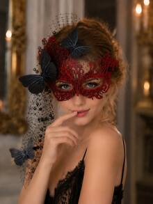 Gothic Butterfly Lace Masquerade Mask With Mesh Veil, Pearl Beads, Black & Red Eye Mask, Women's Halloween Party Cosplay Wedding Costume Accessory - Multicolor - View 4