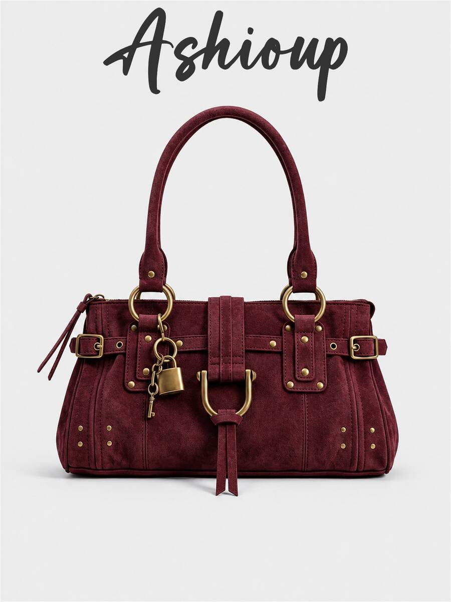 Women's Vintage Suede Motorcycle Shoulder Bag, Handbag With Rivet Belt And Padlock Pendant, Retro Motorcycle Large Capacity Autumn Bag, Large Capacity Shoulder Handbag, Women's Casual Metal Lock Handbag - Burgundy - View 1