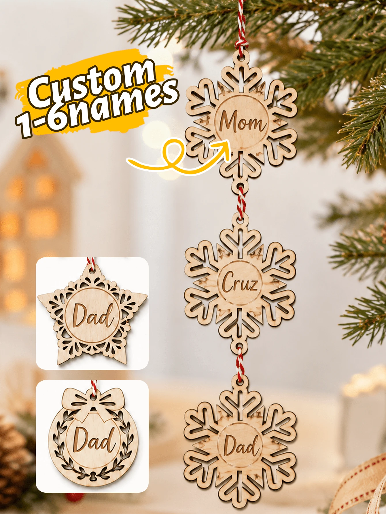 Custom Wooden Snowflake Name Ornament, Personalized Christmas Tree Hanging Decor, Rustic Winter Holiday Style, Customized 1-6 Names Wall Decoration, Customizable Family Name Ornament, Festive Christmas Home Decor, Holiday Keepsake Gift 2026 - Style a - View 1