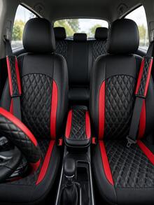 4/8/13pcs Double Stitch Quilted PU Leather Car Seat Covers, Includes Leather Steering Wheel Cover, Armrest Pad And Shoulder Pad, Car Interior Accessories - Multicolor - View 4