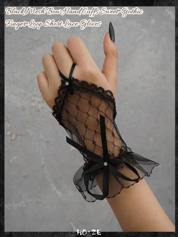 Black Mesh Lace Fingerless Short Gloves With Satin Bow Ruffle Wrist, Gothic Accessory For Banquet Evening Cosplay Lolita Party